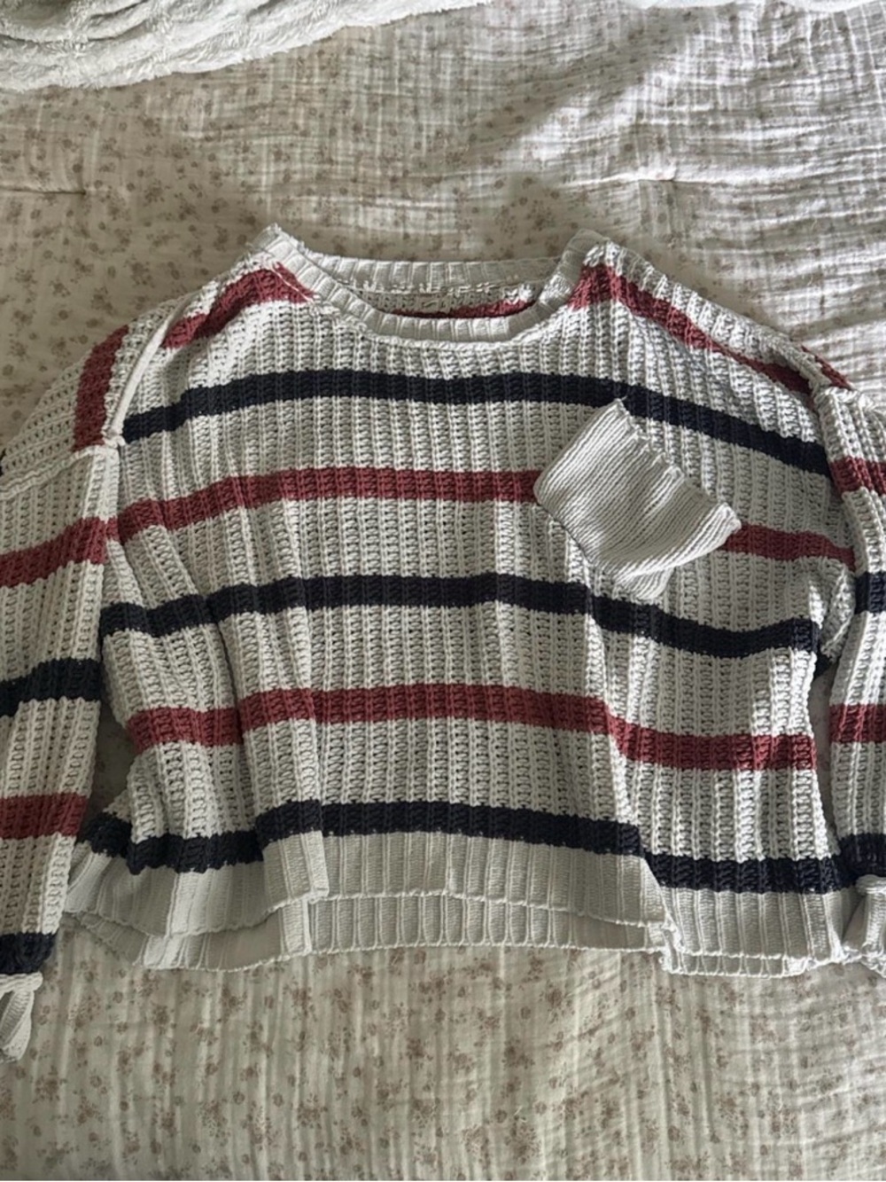 POL White Knit Sweater with Red and Navy Stripes